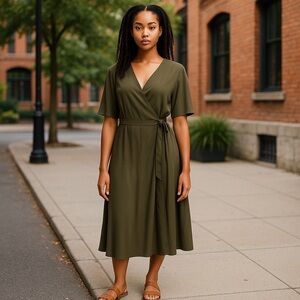 Fame and Partners Green Midi V-Neckline Wrap Dress in Size 8